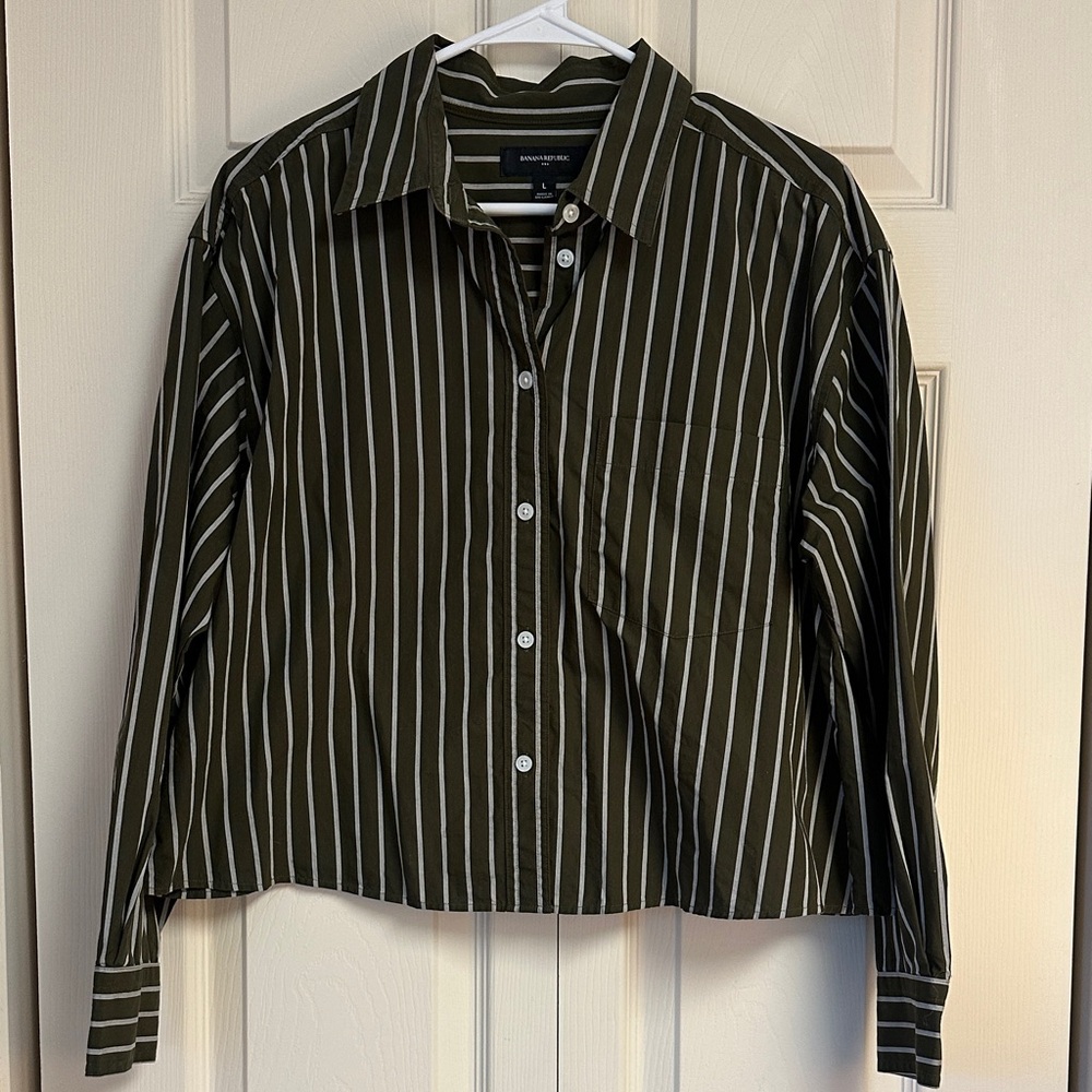 Banana Republic Olive Green and White Striped Shirt
